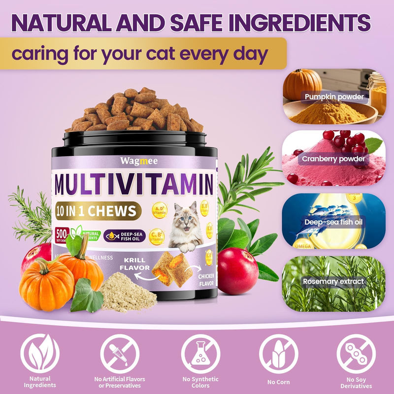 Taurine for Cats Vitamins Treats, 10 in 1 Cat Multivitamin with Fish Oil - 500 Crunchy & Creamy Chews Supports Energy, Bone, Joint, Skin & Coat Health, Digestion, Immunity for Cat All Breeds & Ages
