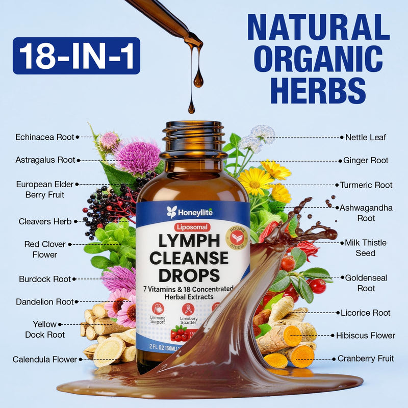 Lymphatic Drainage Drops 1800mg - 18 Herbal Extracts with Echinacea, Astragalus 10:1, Turmeric 10:1 & 7 Vitamins - Immune & Circulatory Support - Vegan, Non-GMO, 2 FL OZ (50ml)