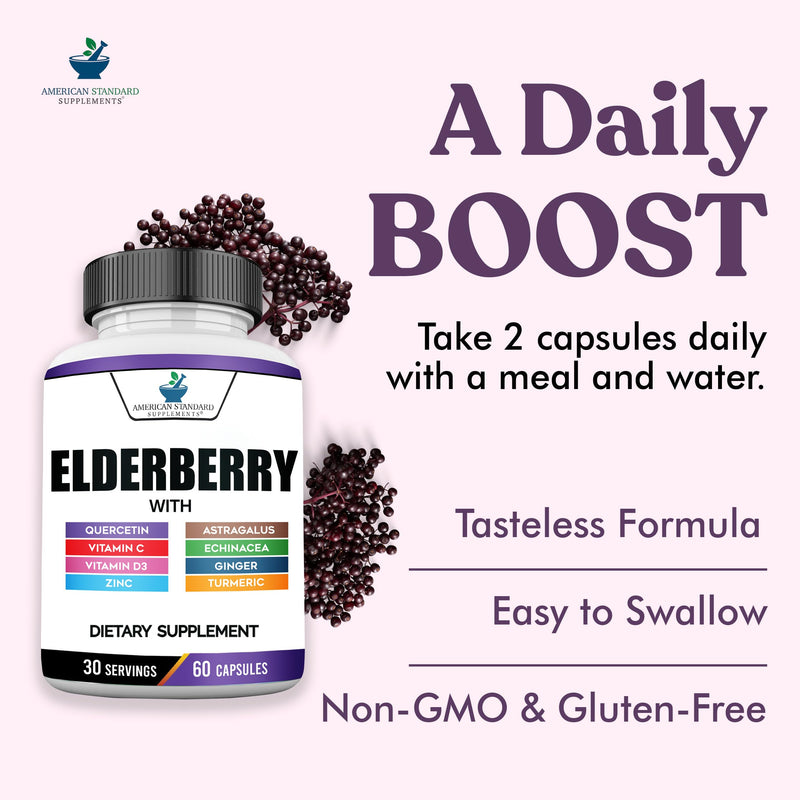 American Standard Supplements Elderberry Extract with Quercetin, Vitamin C, D3, Ginger, Zinc, Turmeric, Astragalus and Echinacea – 60 Capsules, 30 Servings 60 Count (Pack of 1)