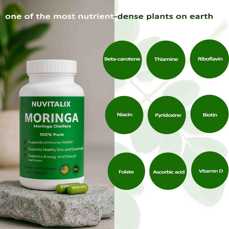 60 Moringa Pure Capsules | Organic Moringa Leaf Extract Supplement | Boost Energy, Skin, Immunity, Mental & Gut Health | Vegan Green Superfood 1