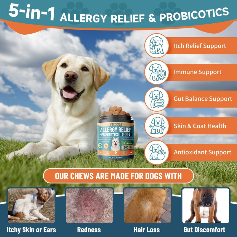 Advanced Dog Allergy Relief Bundle – Probiotic Allergy Chews (200) + Omega 3 Anti-Itch Chews (200), Dog Allergy Relief for Itchy Skin, Ears, Paws, Gut & Immune Support, Chicken Flavor
