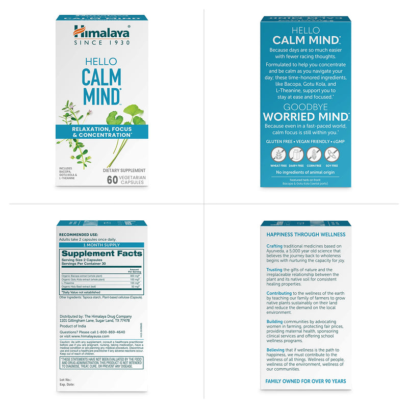 Himalaya Hello Calm Mind Herbal Supplement, with Bacopa, L-Theanine, Gotu Kola, Supports Concentration & Focus, Cognitive Function, Clear Thinking, Relaxation, Vegan, Gluten Free, 60 Capsules