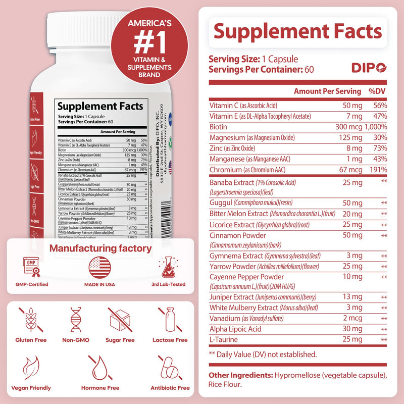 DIPO Blood Sugar Plus - Multi-Vitamin with Biotin, Chromium, Cinnamon, Banaba Extract & Alpha Lipoic Acid - Glucose & Carbohydrate Metabolism Support - 60 Vegan Capsules, Non-GMO
