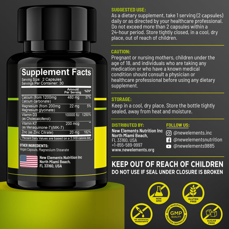 Vitamin D3 K2 with Magnesium Glycinate + Zinc & Calcium | Magnesium 1500mg | D3 10,000 IU | K2 (MK7) 200mcg | Zinc 50mg | Calcium 50mg | Immunity, Bone & Recovery Support – Vegan, Non-GMO