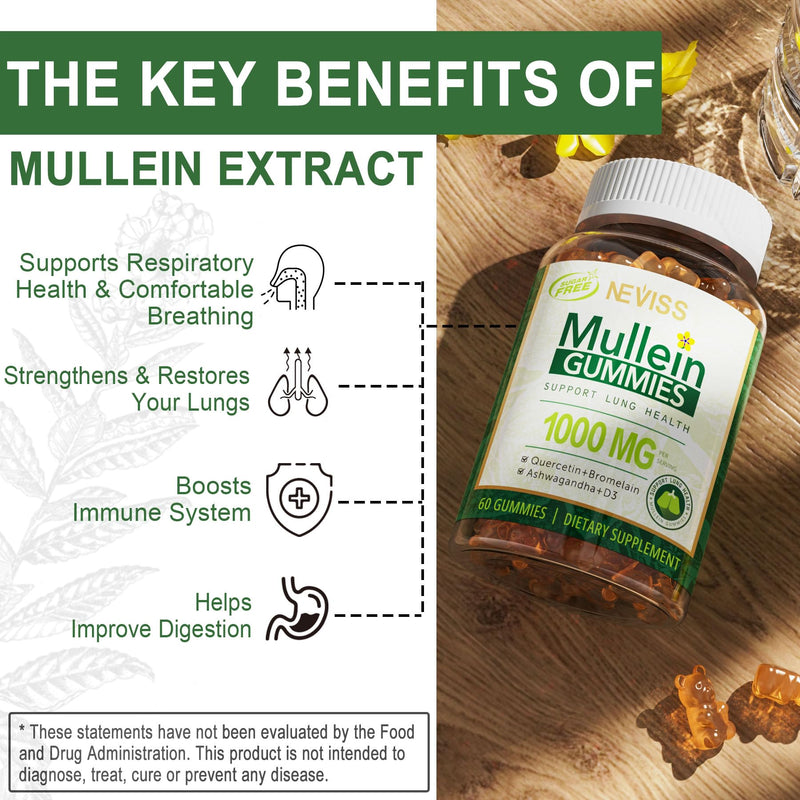 NEVISS Mullein Gummies for Lungs, Organic Mullein Leaf Extract 1000mg for Respiratory System with Quercetin & Bromelain, D3 for Digestive Support, Immune Booster, Sugar Free, Vegan, 60 Count 60 Count (Pack of 1)