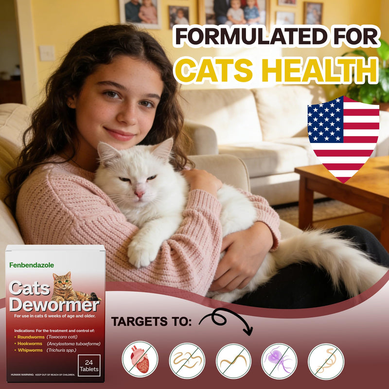 Dewormer for Cats & Kittens, Fenbendazole for All Wormers, Roundworms, Hookworms and Whipworms, 24 Tablets
