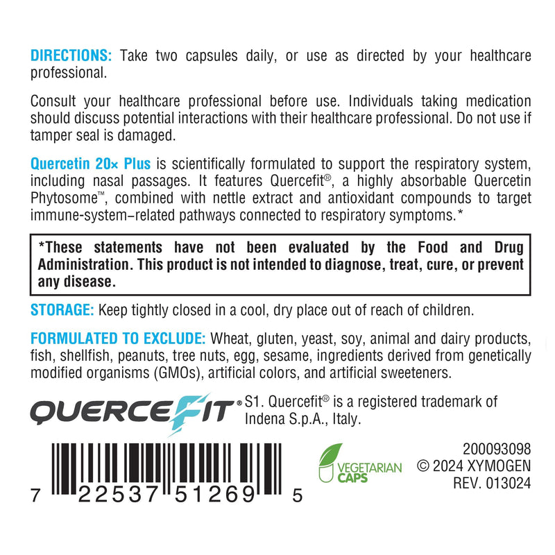 XYMOGEN Quercetin 20× Plus - Quercetin Phytosome Supplement for Immune & Respiratory Support - With Vitamin C & Nettle Leaf - 60 Capsules 60 Count (Pack of 1)