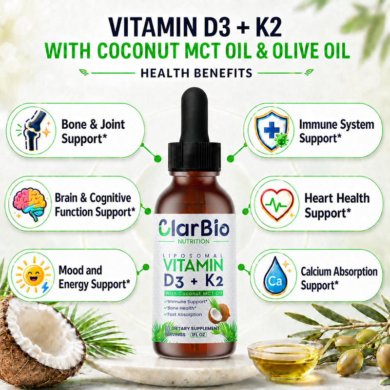 Liposomal Vitamin D3 K2 (MK-7) Liquid Drops with MCT and Olive Oil | Vitamin D3 5000iu | Bone & Heart Health | Immune & Joint Support Supplement | Maximum Absorption| Made in USA