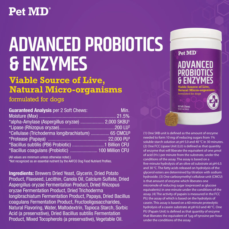 Pet MD Probiotics & Enzymes for Dogs - Gut Health Chews with Prebiotics - Digestive Aid for Dogs with Upset Stomach, Diarrhea, Constipation, or Gas - Functional Probiotics for Dogs - 60 ct - PawsPlanet Australia
