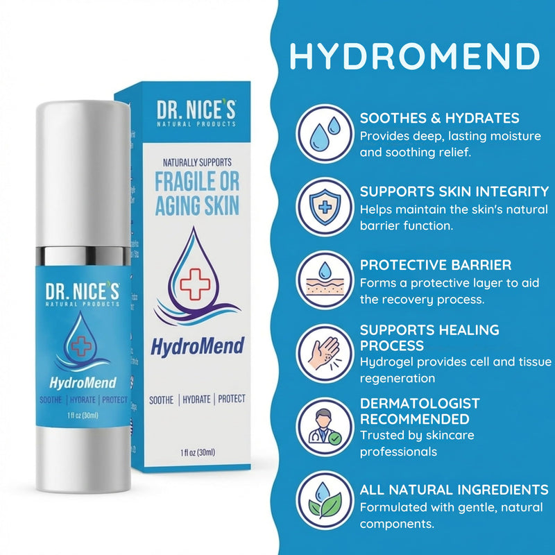 DR. NICE'S HydroMend for Seniors | for Chronic Wounds, Thin, Fragile or Dry Skin, Minor Cuts, Bumps and Bruises, Scrapes, Wounds, Chafe, Burns | Topical First-aid Hydrogel (30 ML) - BeesActive Australia