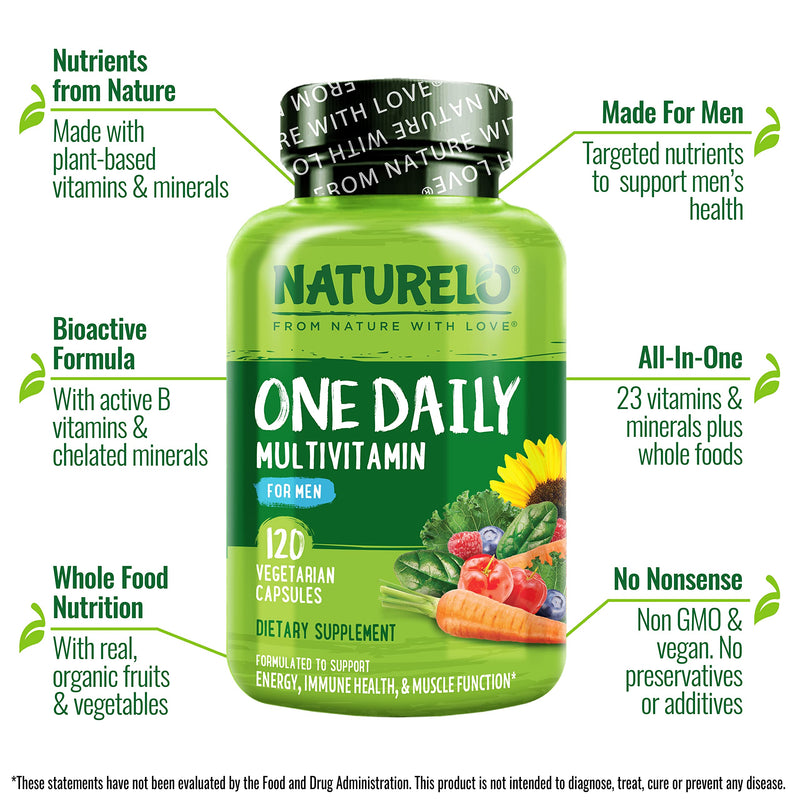 NATURELO Mens Multivitamins - One Daily Multivitamin for Men with Vitamins, Minerals & Organic Whole Foods, Boost Energy & Health, Non-GMO, 120 Vegetarian Capsules 120 Count (Pack of 1)