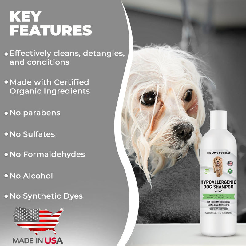 We Love Doodles Hypoallergenic Dog Shampoo, Conditioner & Detangler and Pet Bath Brush - Organic Ingredients, Sensitive Skin & Allergies, Made in USA, Grooming Brush for Shower Scrubbing & Soothing - PawsPlanet Australia