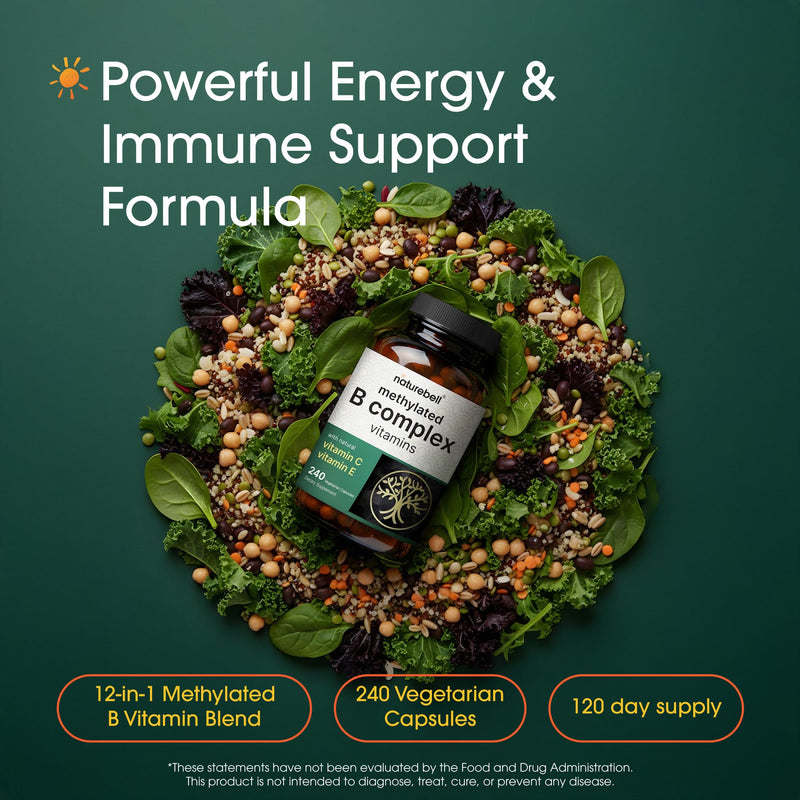NatureBell Methylated B Complex Vitamins - 240 Vegetarian Capsules - High Bioavailability 12-in-1 Formula - for Immune Health & Energy Support* - Non-GMO & Gluten-Free