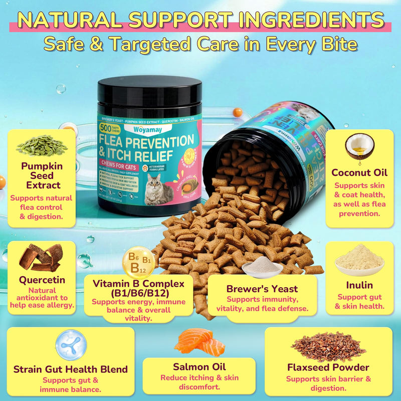 Woyamay Flea Treatment for Cats & Itch Relief Chews, 500 Crunchy Cat Flea Treatment Chews, Cat Itchy Skin Relief, Cat Itching Relief & Skin Care, Flea Prevention for Cats, Chicken Flavor