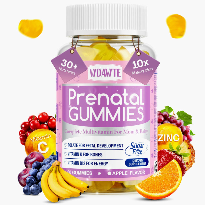VIDAVITE Sugar Free Prenatal Gummies — Vegan Prenatal Vitamins for Women | US-Made, 30+ Nutrients (Choline, Folate, Iron, Vitamin) for Fetal and Neural Support, Energy Boost & Immunity (60 Gummies)