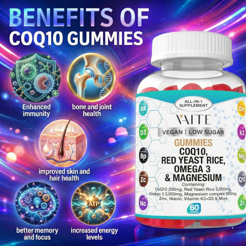 CoQ10 200mg Gummies with Red Yeast Rice & Magnesium Glycinate – Omega-3, Zinc, and Vitamin K2+D3 for Overall Health – Supplements for Adults – 60 Chewable Gummies