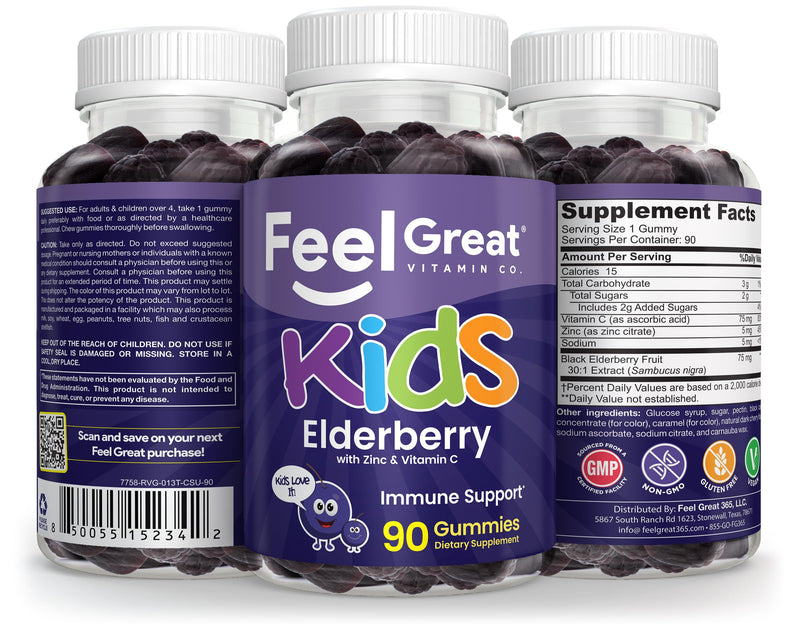Feel Great Kids Elderberry Gummies, Vitamin C & Zinc, Immune, 90ct, 2 Pack | Triple Immune Support Formula, Vitamin C & Zinc, Vegan Elderberry Gummy for Winter Wellness 90 Count - 2 Pack