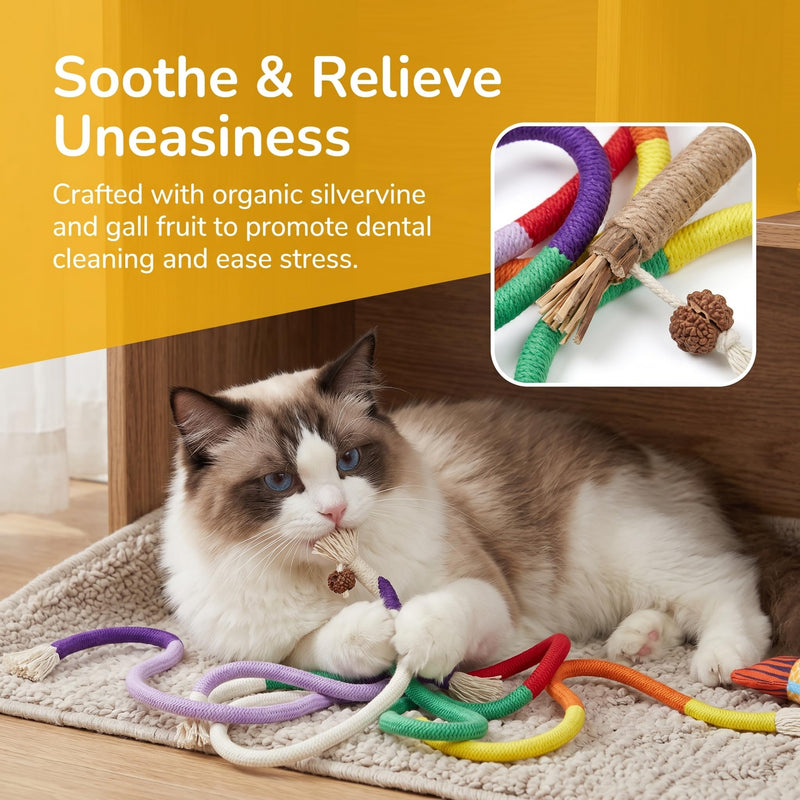 Cat Toys Chew Ropes & Natural Silvervine Sticks Cat Toys & Saury Fish Cat Chew Toys, Safe Dental Care Teeth Cleaning Toy for Indoor Cats Kittens, Interactive Catnip Kitty Toys for Aggressive Chewers
