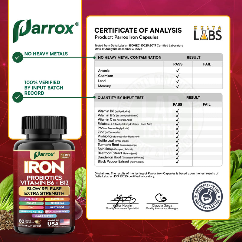 Iron Bisglycinate Supplement, Slow Release Probiotics, 60 Caps, 2 Pack | With Probiotics, Spirulina, Turmeric, Vitamins B6, B12, C, Zinc, Beetroot, Nettle Leaf, Dandelion Root 60 Count (Pack of 2)