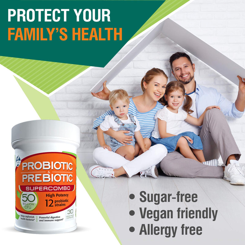 50 Billion CFU Prebiotic and Probiotic Supplement for Women and Men, 12 Strains for Daily Immune Support and Digestive Health, 30 Veggie Capsules, Non Refrigerated High Potency Probiotics