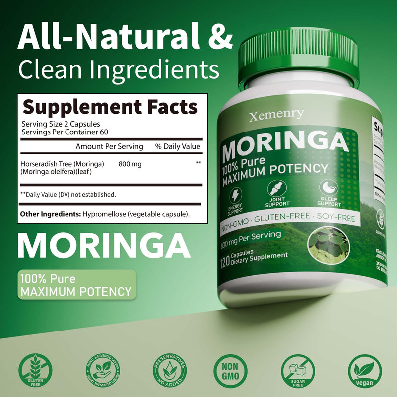 Moringa Capsules, Pure Moringa Powder Capsules - Supports Energy, Immune Support, Gut Health, Green Superfood with Vitamins & Amino Acids - 120 Capsules