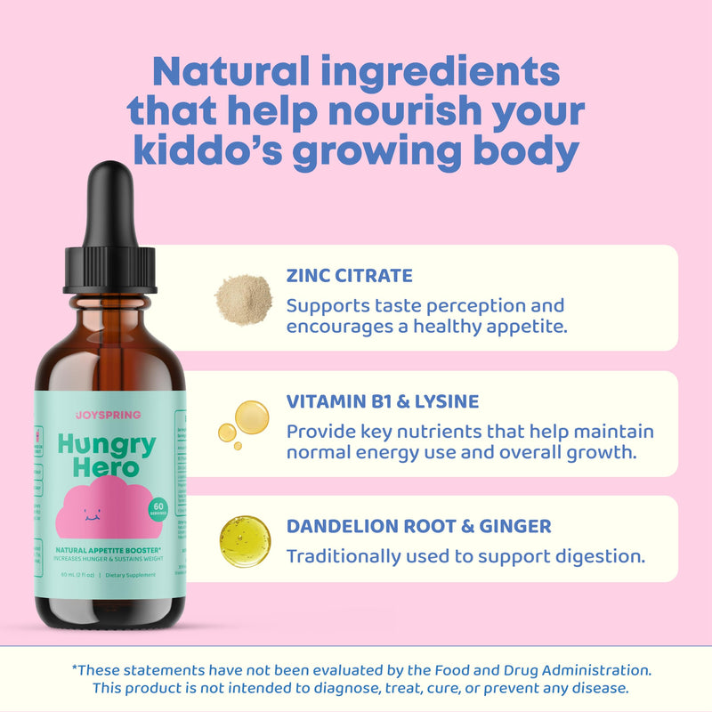 JoySpring Hungry Hero Kids Appetite Drops, 2 oz, Ages 3+ | L-Lysine, zinc and B vitamins, supports healthy eating and growth for picky eaters, sugar-free liquid, no pills 2 Fl Oz (Pack of 1)