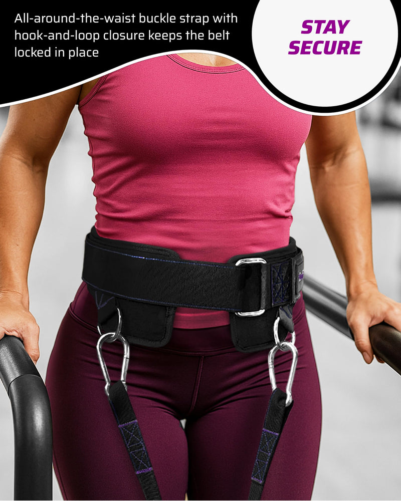 Women’s Weighted Dip Belt – For Pull-Ups, Dips & Squats | Hip-Hugging No-Pinch Fit, No-Slip Buckle | Sleek Black with Purple Stitching, 2 Straps & 2 Hooks Included