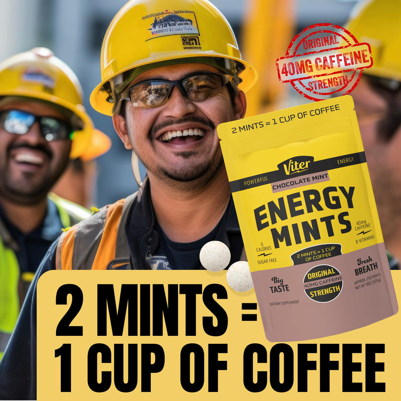 Viter Energy 40mg Caffeine Mints - Sugar Free, B Vitamins, Vegan, Boosts Fast Energized Alert Focus, Caffeinated Nootropic Supplement Pills (Chocolate Mint Flavor, 8oz, Bulk Bag) Chocolate Mint 250 Count (Pack of 1)