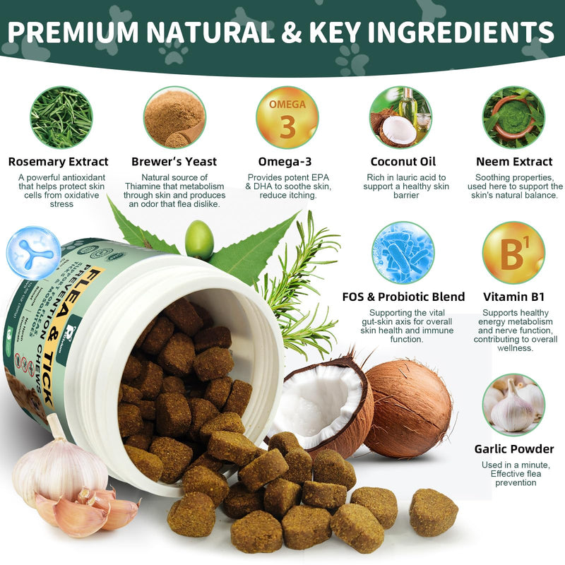 Dogs Flea and Tick Prevention Treatment Chewable, Natural Soft Chew for Fleas Ticks Treatment Support Supplement - Oral Flea Pills- Flea and Tick Chews - All Breeds & Sizes - 150 Soft Treats (Chicken)