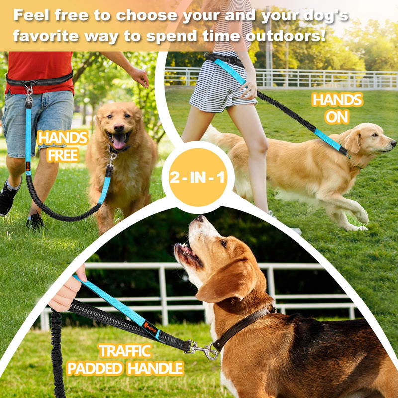 Laqibak Hands Free Dog Leash, Adjustable Waist Leash for Dog, Handle Bungee 4.2-6.7 Feet Long with Reflective Stitches for Walking Hiking Running, Fits 26"- 43" Waist, Black & Blue Black+Blue