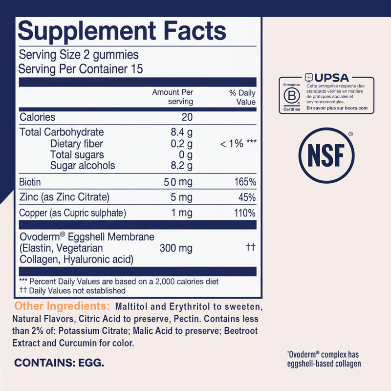Upsa Nourished Collagen Hair Health 30 Count – Ovoderm® Egg Membrane Complex with Biotin, Zinc & Copper – for Healthy, Shiny & Fuller-Looking Hair – Sugar-Free Vegetarian Gummies
