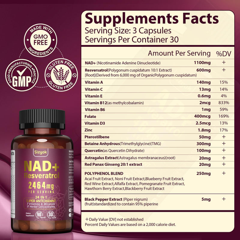 NAD Supplement 1100mg + Resveratrol 600mg – Advanced Liposomal NAD+ Capsules with Pterostilbene & Quercetin 90 Count (Pack of 1)