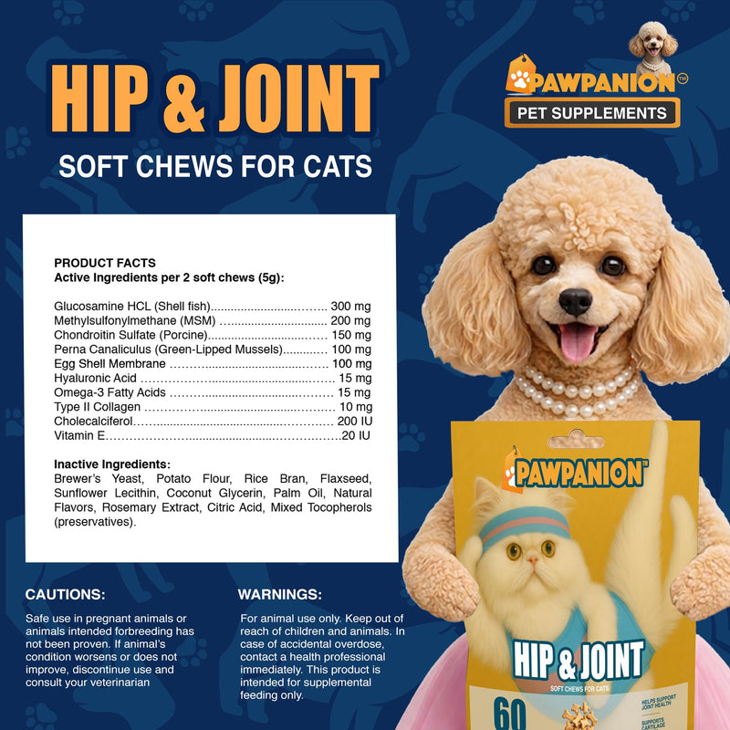 Hip & Joint Soft Chews for Cats, Glucosamine + Chondroitin + MSM, Joint Support & Mobility, Cartilage & Flexibility Support, 60 Soft Chews Tuna Flavor Hip & Joint