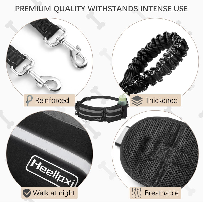 Hands-Free Dog Leash with Pouch, Waist Leash for Dog Walking with Two Dogs, Reflective Stitching, Dual Handle, Bungee Retractable Running Leash for Medium to Large Dogs Black - BeesActive Australia