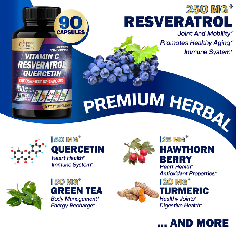Organic Cadane Resveratrol Supplement - 12in1 Blended with VIT.C, Quercetin, Berberine, Turmeric, Green Tea & More - 90 Capsules 3 Month