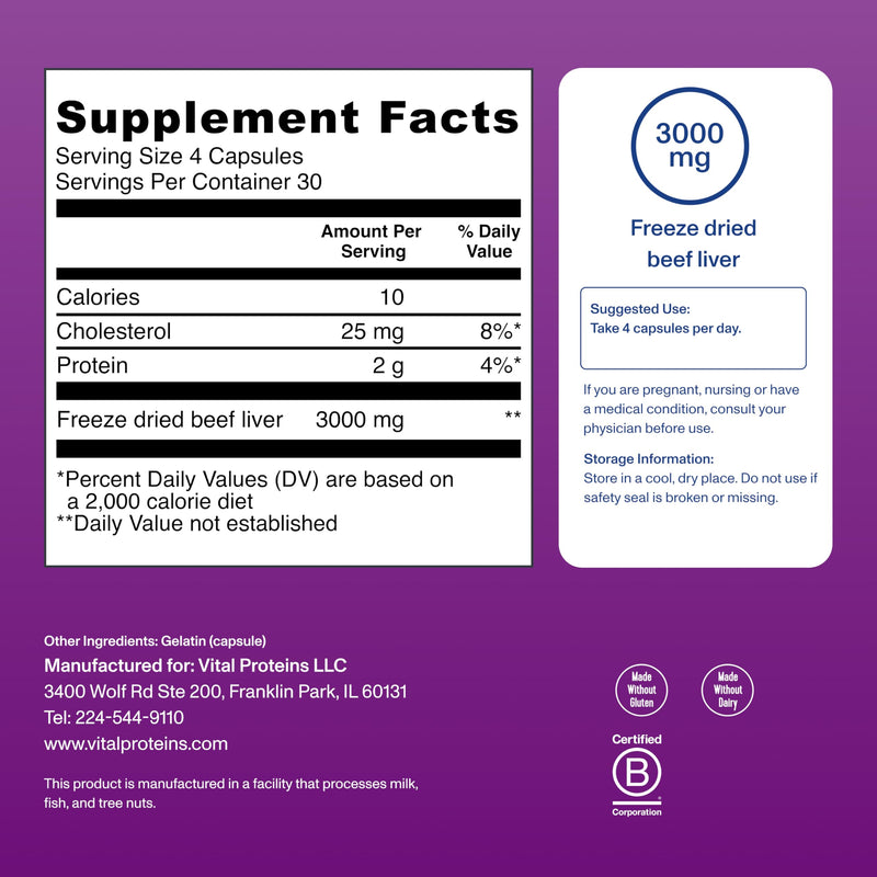 Vital Proteins Grass Fed Beef Liver, 120 Capsules | Grass-Fed Beef Liver, Supports Daily Nutrition, Desiccated Liver Supplement, 30 Servings