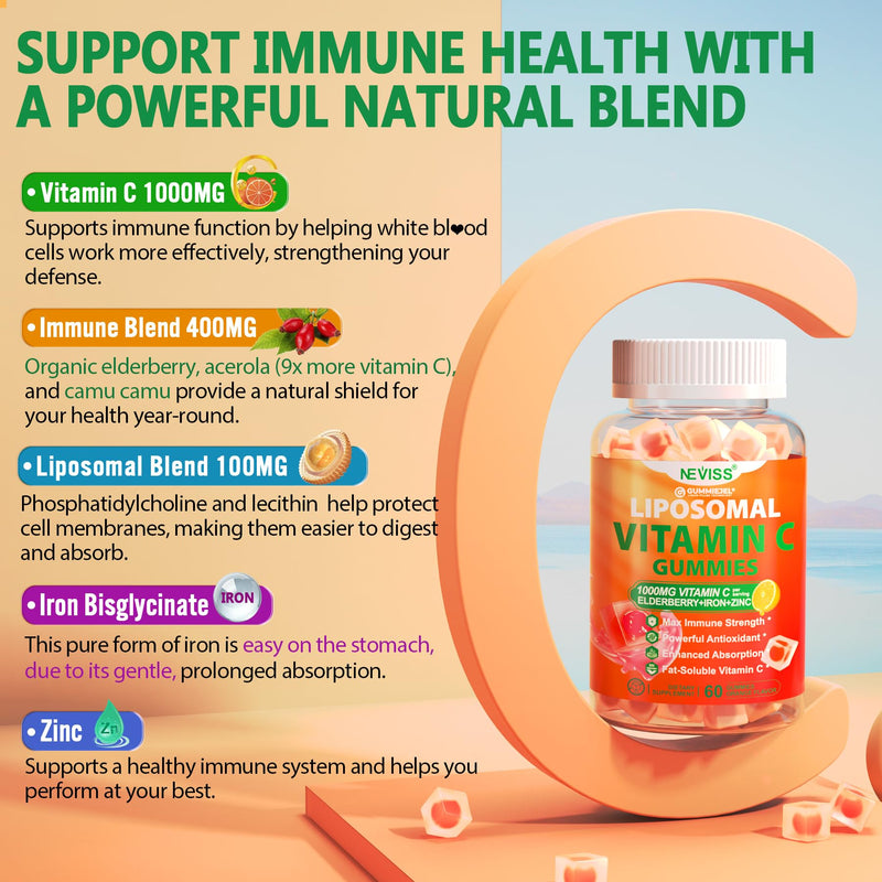 Liposomal Vitamin C 1000mg Gummies for Adults - Vitamin C Chewable with Elderberry, Zinc & 8mg Iron, Sugar Free Vit C Supplements, Daily Immune Support Gummies for Energy, Collagen Booster 60 Counts 60 Count (Pack of 1)
