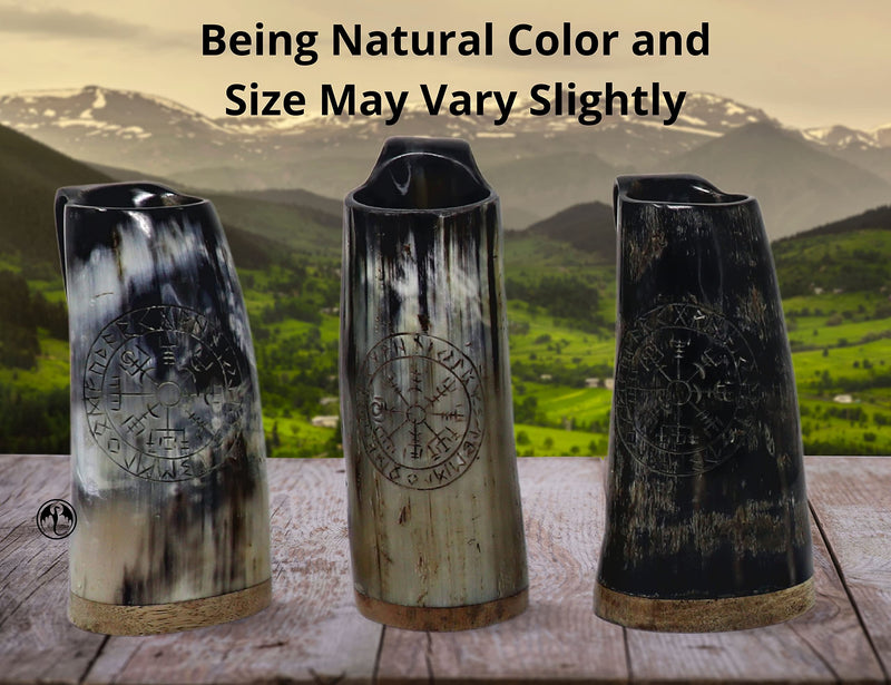 Viking Drinking Coffee Mug- 12oz| Gifts for Men & Women| Real Ox Horn| Food Grade Medieval| Hot and Cold Liquids| Engraved Natural Shine Finish (Compass) Coffee Viking, Natural