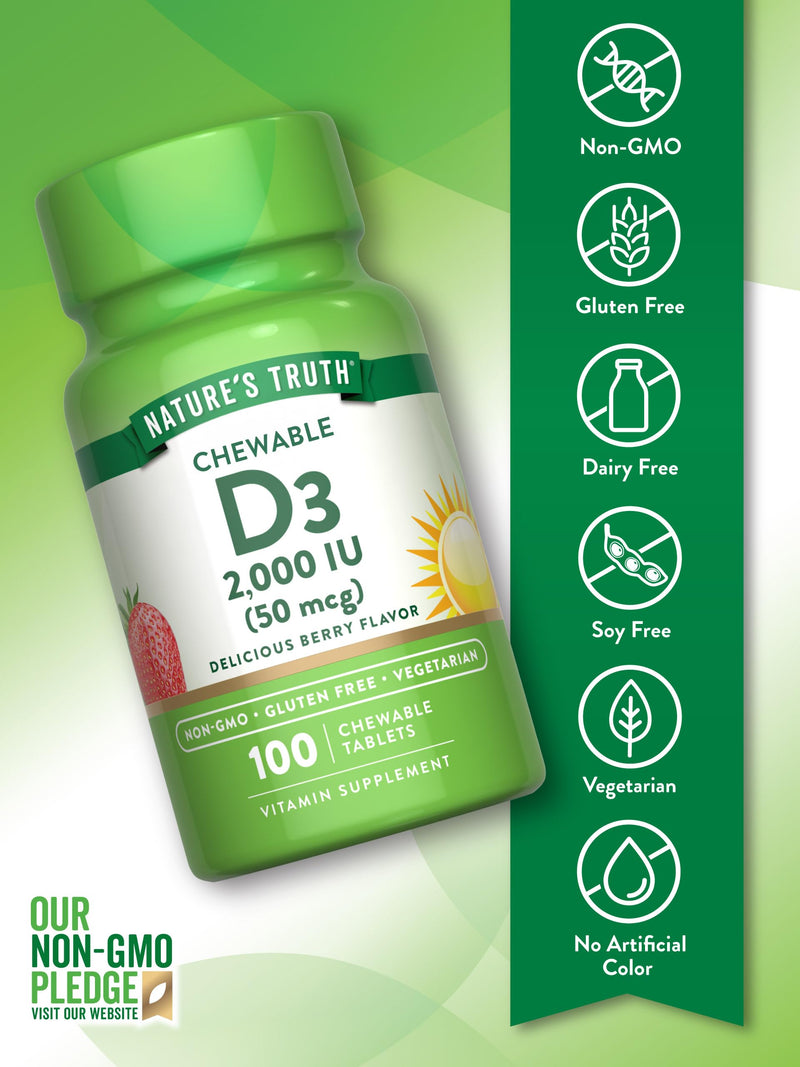 Nature's Truth Chewable Vitamin D3 | 2,000 IU | 100 Tablets | Berry Flavor | Vegetarian, Non-GMO, & Gluten Free Supplement