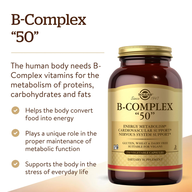 Solgar B-Complex 50", 250 Vegetable Capsules - Energy Metabolism | Cardiovascular Support, Nervous System Support - Non-GMO, Vegan, Gluten Free, Dairy Free, Kosher - 250 Servings 250 Count (Pack of 1)