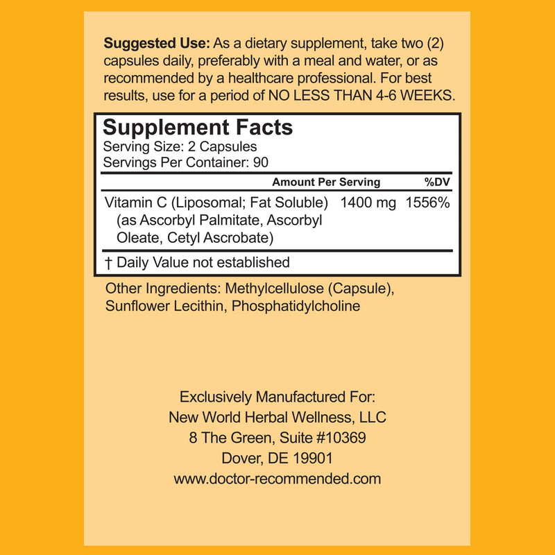 Liposomal Vitamin C 1400mg Per Serving - High Absorption Ascorbic Acid, Lypo-Spheric Vitamin C Complex Immune Support Supplement w/ Powerful Antioxidants and Collagen Booster, (180 Veggie Caps 2 Pack) 180 Count (Pack of 2)