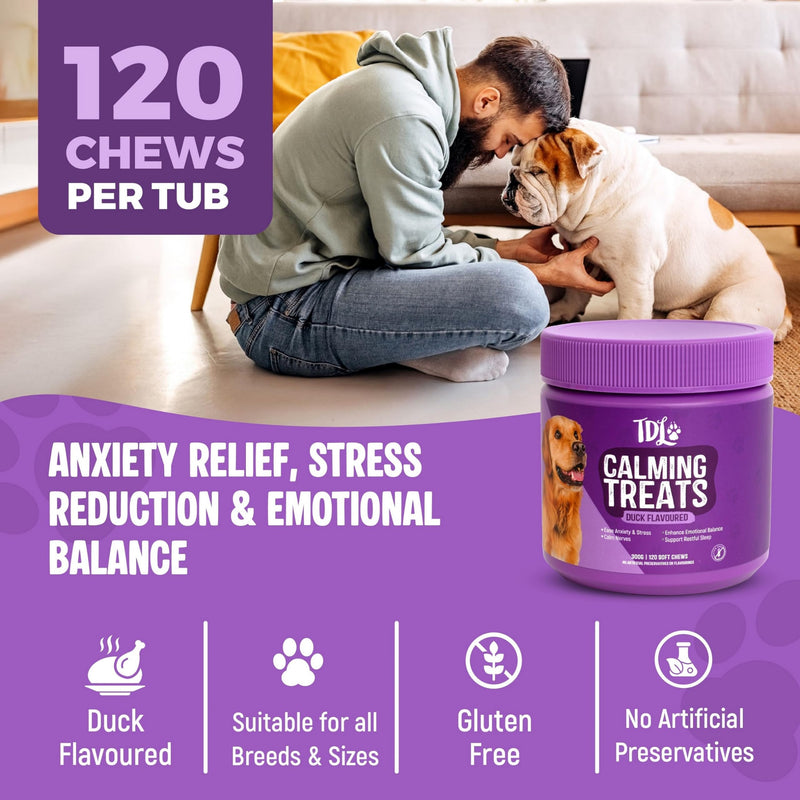 Calmers for Dogs – TDL 120 Soft Calming Dog Chews – Duck Flavour Calm Treats for Dogs with Hemp Dog Oil – Tablets for Anxiety, Dog Stress Relief & Natural Dog Chews