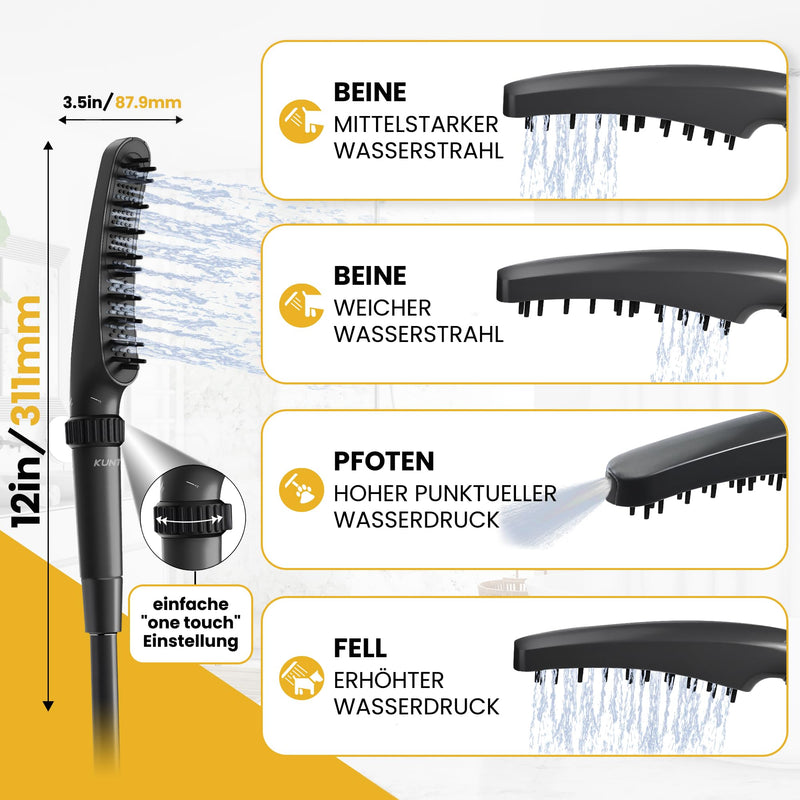 KUNTO® dog shower head - dog shower shower head - dog shower with four jet types - dog shower head with silicone bristles for effective grooming - mobile outdoor dog shower with garden hose adapter - BeesActive Australia