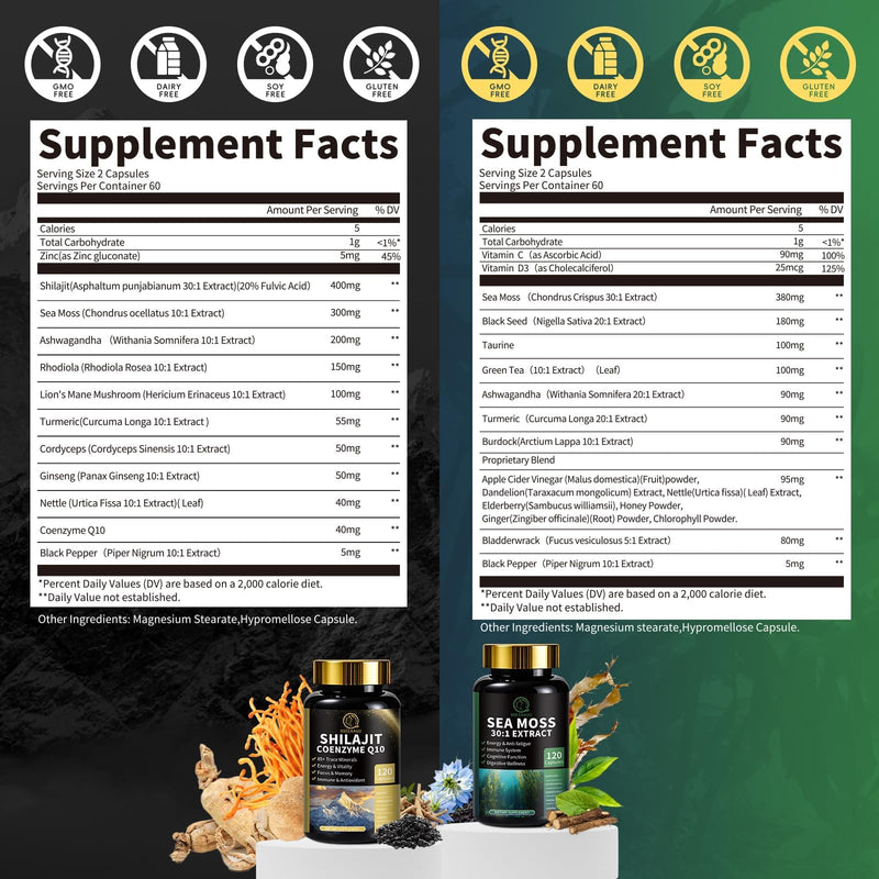 Shilajit for Men, Sea Moss and Shilajit Bundle, All in 1 Supplements with Coenzyme Q10, Black Seed, Ashwagandha, Taurine, Burdock for Energy, Endurance, Antioxidant & Immune Support, 240 Capsules 120 Count (Pack of 2) - BeesActive Australia