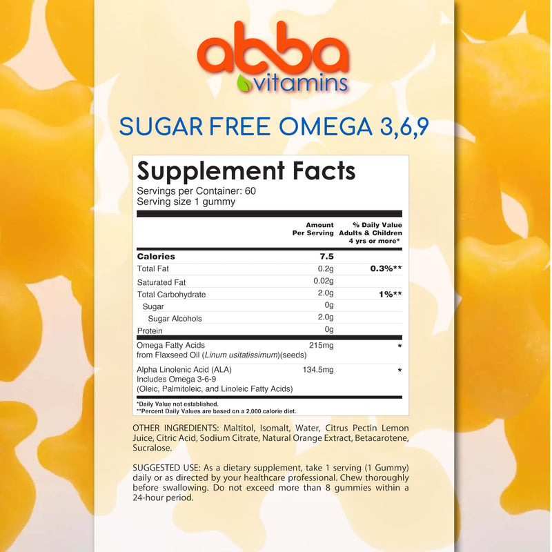 Sugar Free Omega 3,6,9 Gummies, Orange Flavor - 60 Count | Sugar Free Plant-Based Omega Gummies