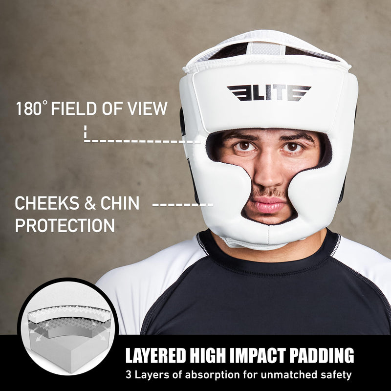 Elite Sports Best Boxing Headgear, Training Sparring Safety Head Guard for MMA, Kickboxing Trainees, Muay Thai, and Boxing for Adult Men White