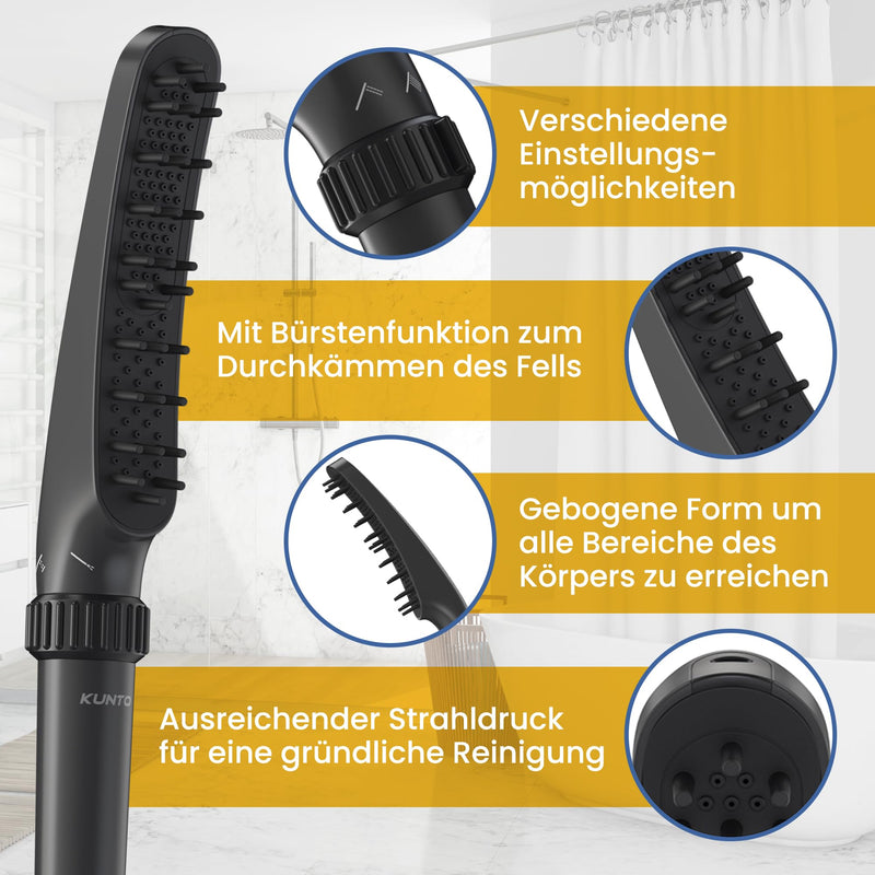 KUNTO® dog shower head - dog shower shower head - dog shower with four jet types - dog shower head with silicone bristles for effective grooming - mobile outdoor dog shower with garden hose adapter - BeesActive Australia
