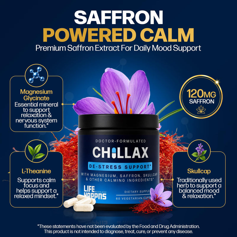 Calm & Mood Support Supplement for Adults with Saffron – Non-Drowsy Daily Stress Support, Emotional Wellness & Relaxation Support with L-Theanine, Magnesium Glycinate & Skullcap for Calm Focus - 60 ct