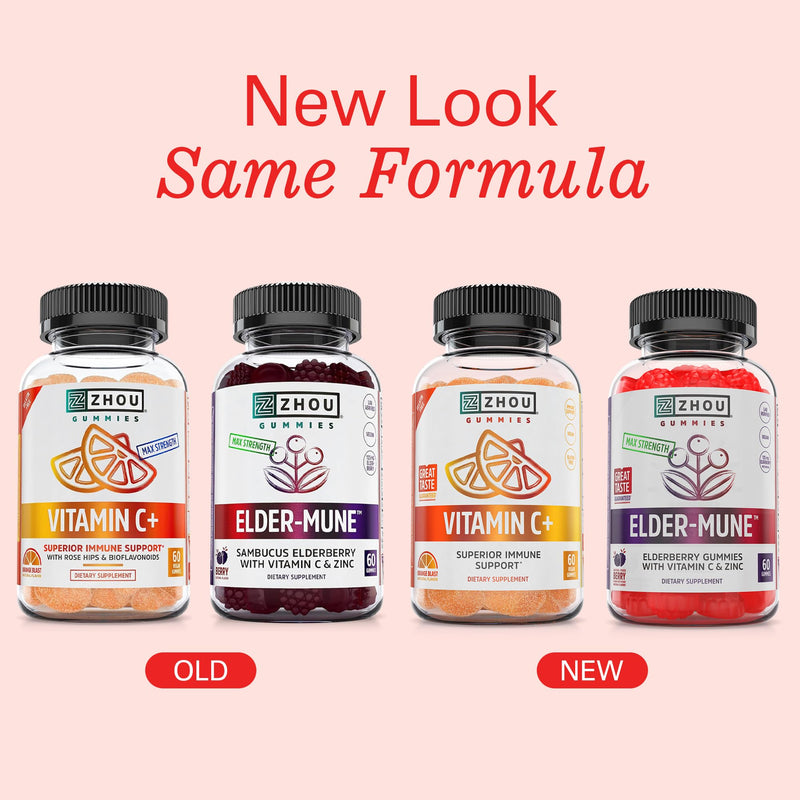 Zhou Immune Support Bundle - 60 Elderberry & 60 Vitamin C Gummies | Elder-Mune Elderberry & Vitamin C Gummies for Adults & Kids, Daily Natural Immune Support Supplements for Women & Men 60 Count (Pack of 2)