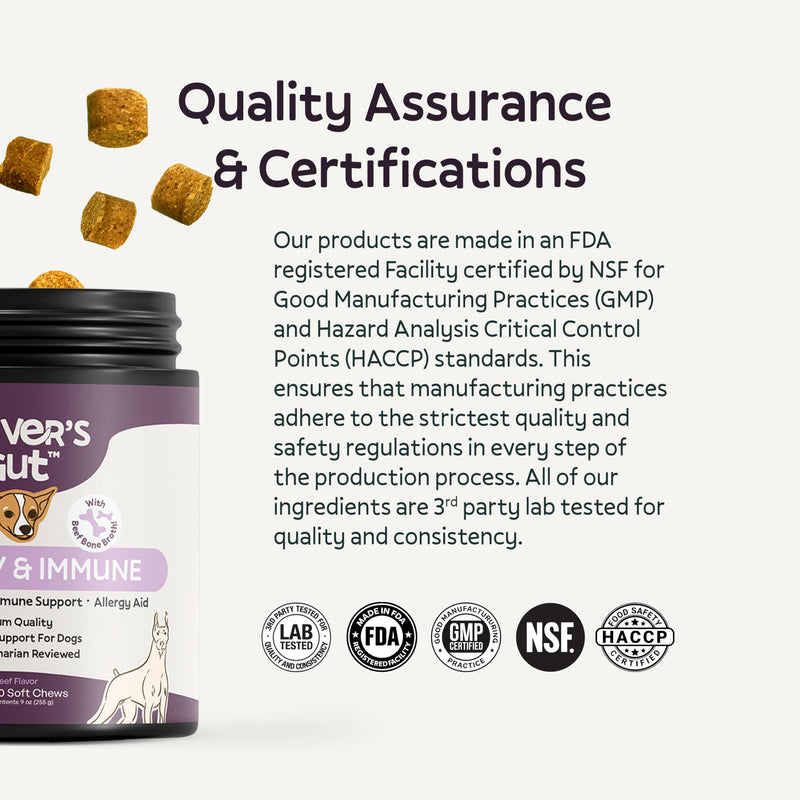 Oliver’s Gut™ Allergy & Immune Chews. Immune Support · Dog Supplement for Itchy Skin and Allergy Aid. Quercetin, Wild Alaskan Salmon Oil, Colostrum, Turmeric. Beef - 120 Count.